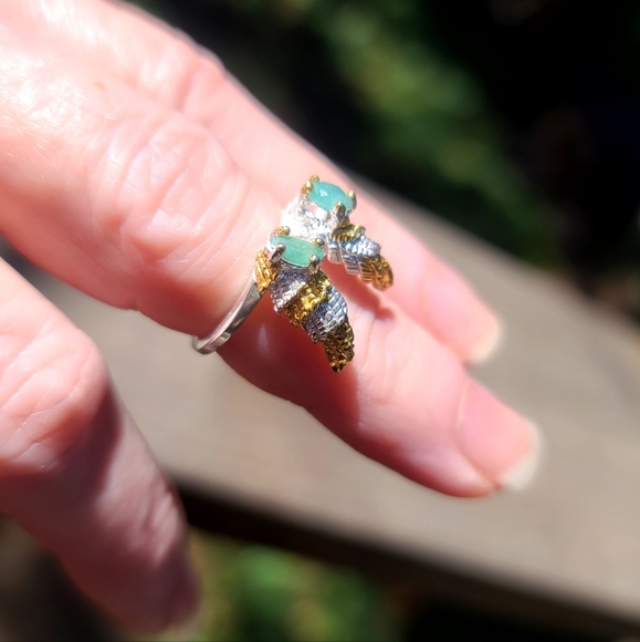 Emerald Sterling & gold Angel wings midi ring sz4 adjustable - Picture 5 of 12